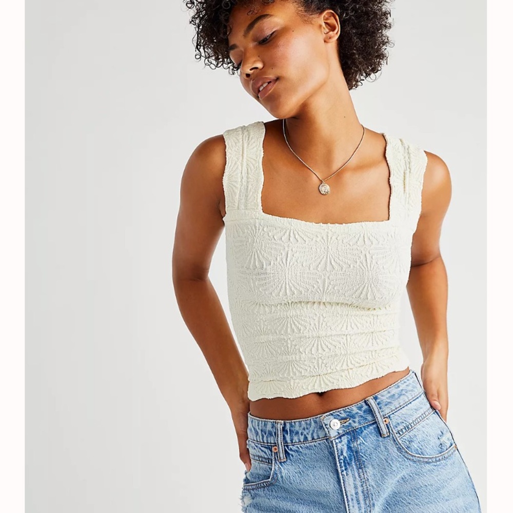 Free People Cream Textured Square Neck Cropped Camisole